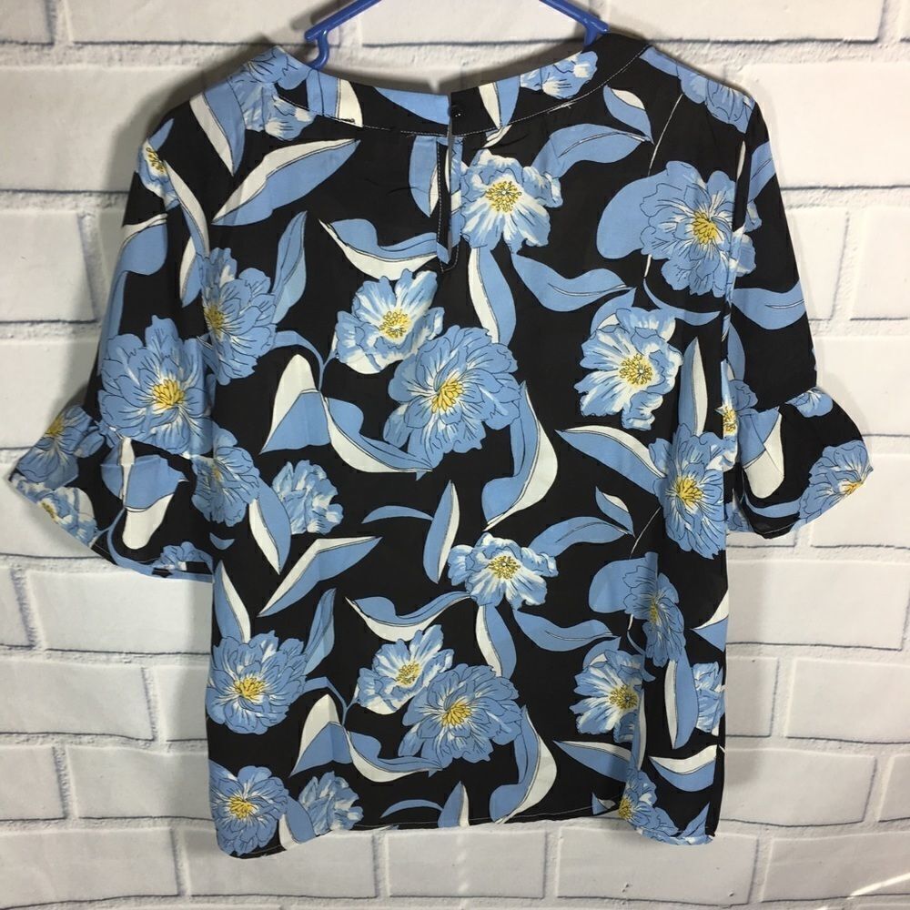 As U Wish Black Blue Floral Top Ruffle Blouse SZ L - Picture 7 of 8